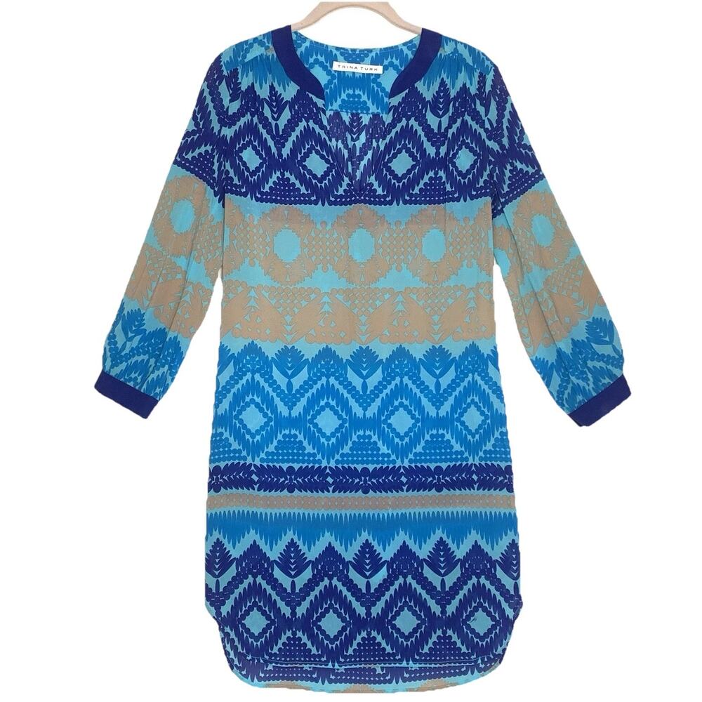 TRINA TURK Mini Dress Cover-Up Small *Missing Sz Tag Blue Leaf Silk Tunic VGUC